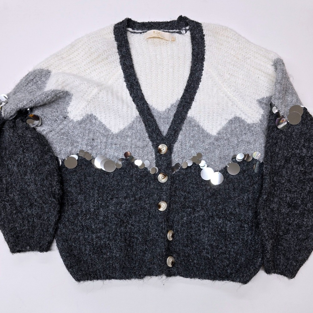 Lizette‎ Collection Womens XL Cardigan Sweater Gray White Sequin LC-A5285 Fuzzy